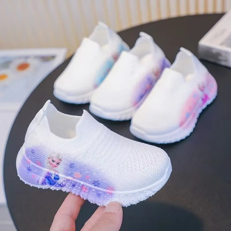 Disney Solid White Fashion Knitting Frozen Princess Elsa Children Casual Shoes Kids' Light Breathable Stretch Socks Sneakers Siz