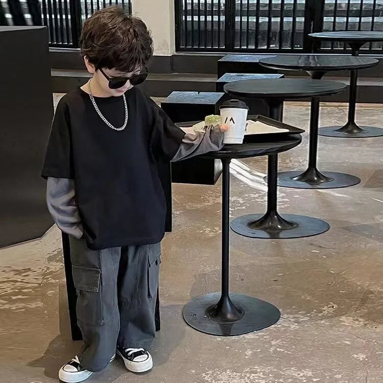 Fake Two Pieces Children's T-shirts Cartoon Fashion Boys Long Sleeve Tee Korean Clothes 2025 Top Clothing Boy T-shirt Kids Child