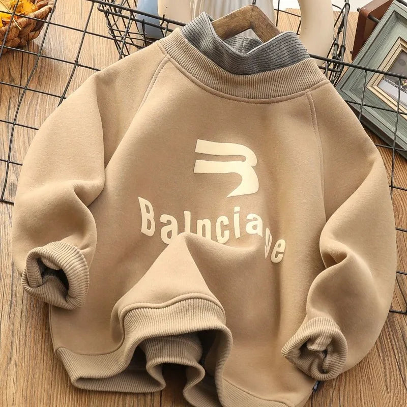 Boys' Big Kids Winter 2025 New Fake Two-Piece Fleece-Lined Mid-Collar Thickened Stylish Base Layer Sweatshirt Tops