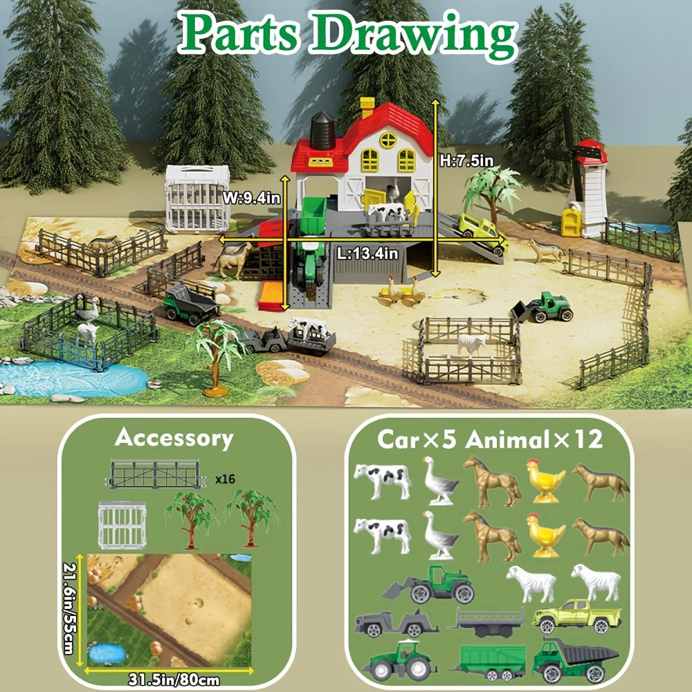 Farm Animals Toys for Toddlers Barn Farm Playset with Animals Figures Tractor for Kids Educational Learning Toys Christmas Gifts