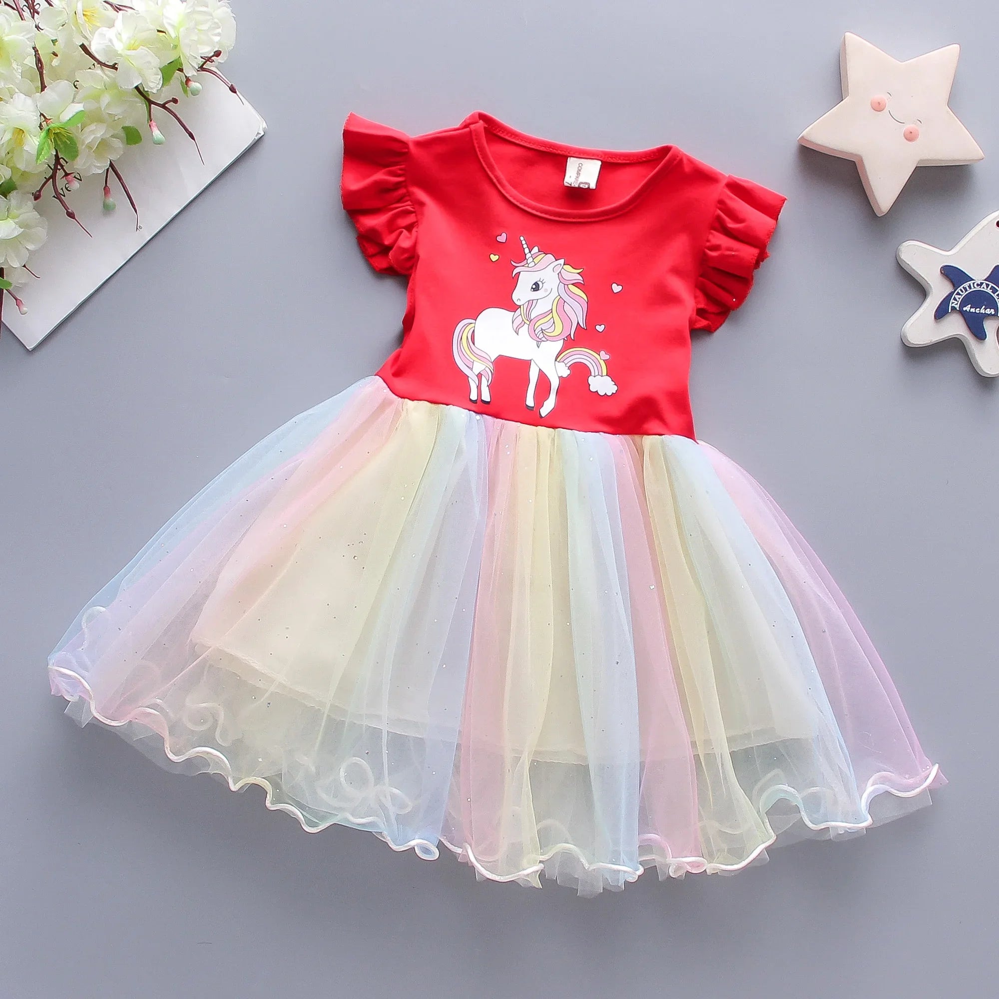 Summer Girls' Dress Children's Wear New Cartoon Cloud Little Horse Rainbow Gradient Mesh Sleeveless Children's Dress