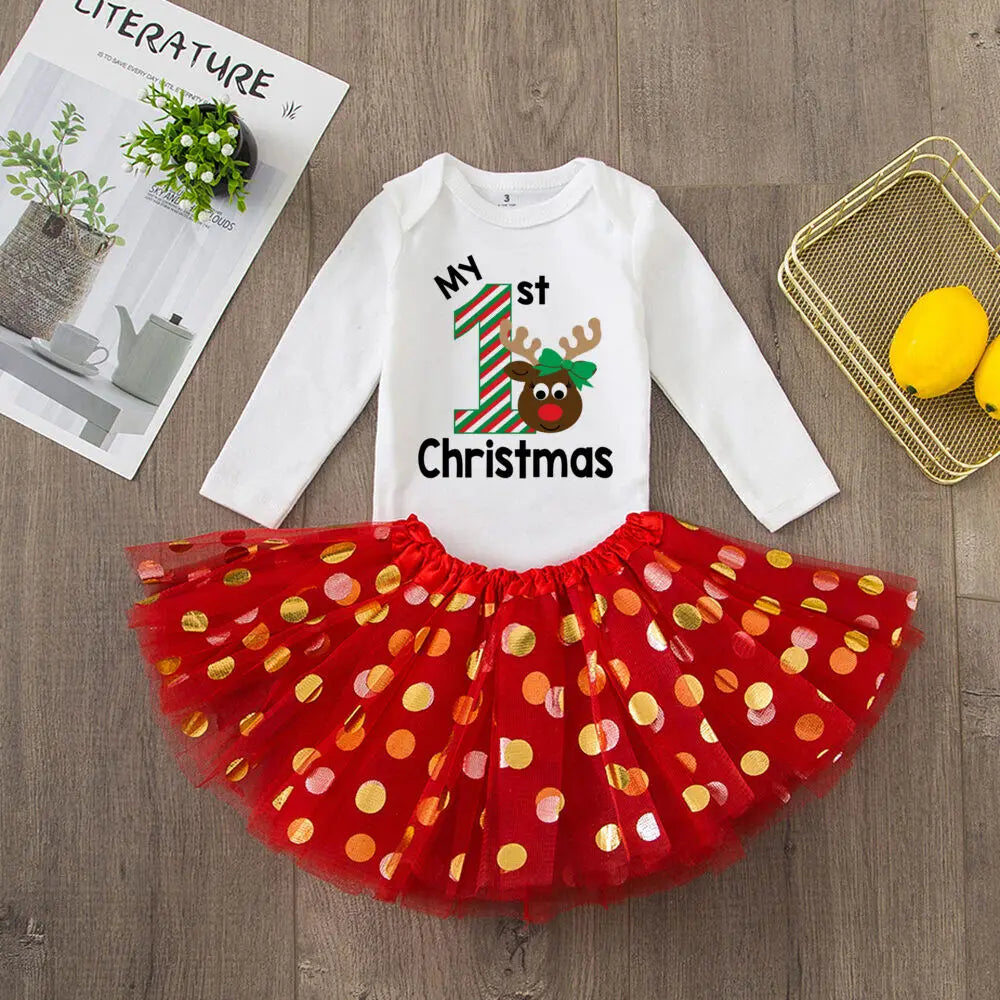 My 1St Christmas Baby Bodysuit Cake Dresses Set Infant Girls Long Sleeve Playsuit Tutu Skirts Clothes Toddler Xmas Party Outfits