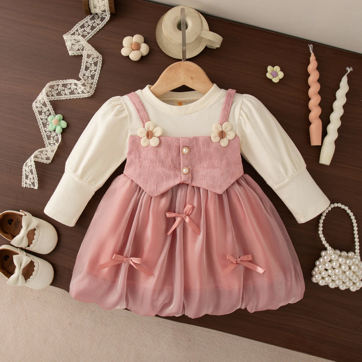 Spring And Autumn New Fake Two Piece Long Sleeve Baby Girl Dress, Sweet Bow Children'S Clothing For Babies Aged 0-3 Years