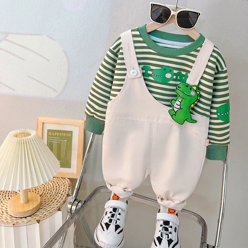 New Autumn Baby Girls Clothes Set Children Boys Striped T-Shirt Overall 2Pcs/Set Kids Clothing Infant Costume Toddler Tracksuits