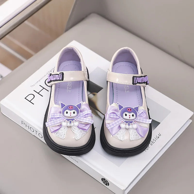 Kids'Sandals Kuromi PU Leather Bow Flat Spring Shoes For Girls Anti-slip Soft Thick Bottom White Black Shoes Size 26-36