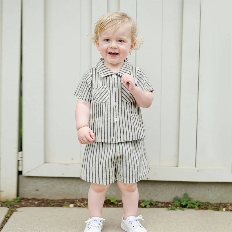 Infant Boy s 2-Piece Outfit Set with Striped Collared Shirt and Elastic Waist Shorts for Summer Wear Toddler Baby Boy Clothes