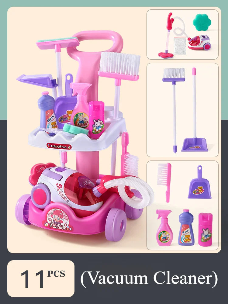 Housekeeping Cleaning Trolley Playset Caddy Includes Accessories and Toy Vacuum with Sounds and Lights Pretend Play for Girls