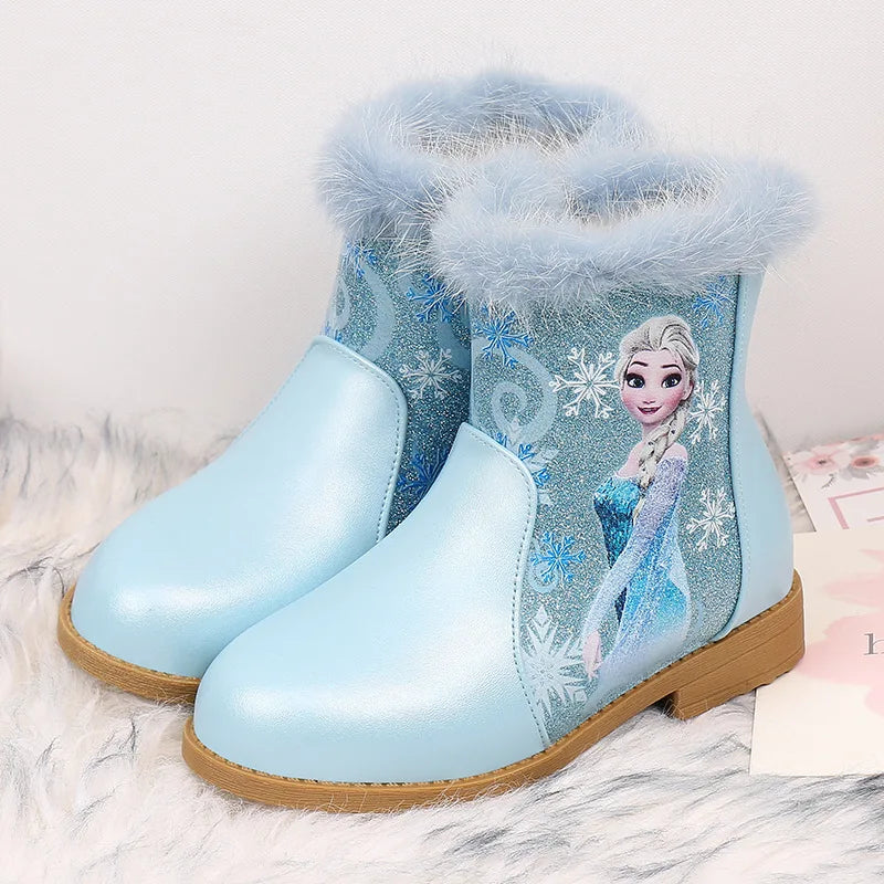 Disney Girls' Boots Winter Fashion Frozen Elsa Princess Children's Short Girls' Cotton Fur Ankle Boots Girls' Pink Shoes Size 25