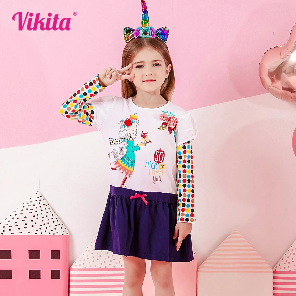 VIKITA Kids Cotton Dress Toddlers Long Sleeve Autumn Spring Doll Floral Print Dresses Girls Casual School Daily Cute Dress 3-8Y