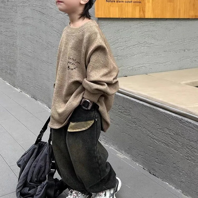 Boys' Autumn Winter Thermal Fleece-Lined Korean-style Patchwork Jeans - Thickened One-Piece Long Pants Spring Autumn New