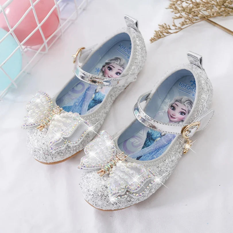 Disney Girls Princess Shoes Soft Sole Little Girl Frozen Children Crystal Casual Shoes Flat Leather Show Dance Shoes Size 22-36