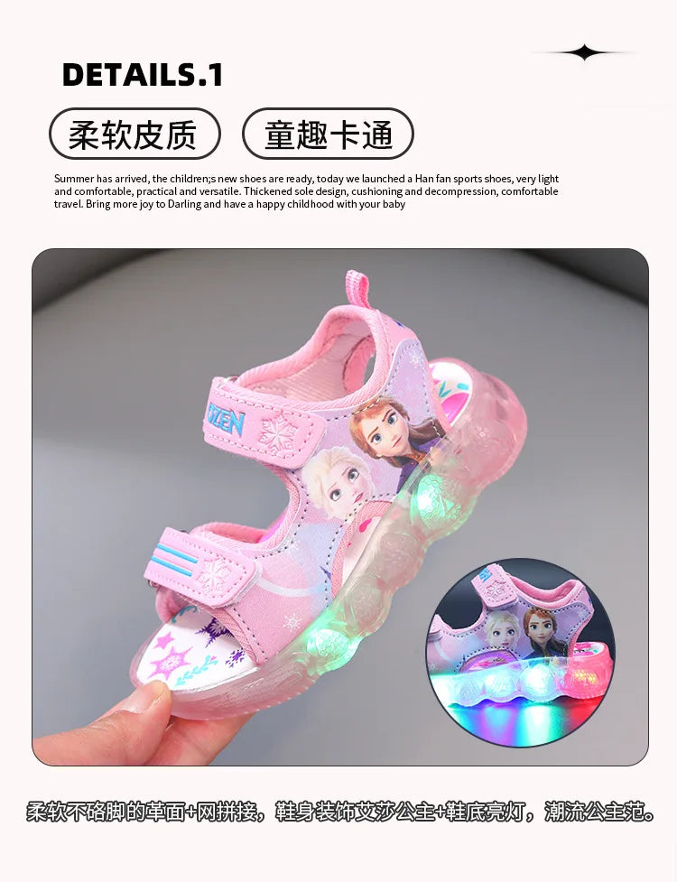 Disney Boys Girls Frozen Elsa Princess Led Light Up Luminous Sports Sandals Summer Kids Sandals Non-slip Toddler Shoes Size 21-3