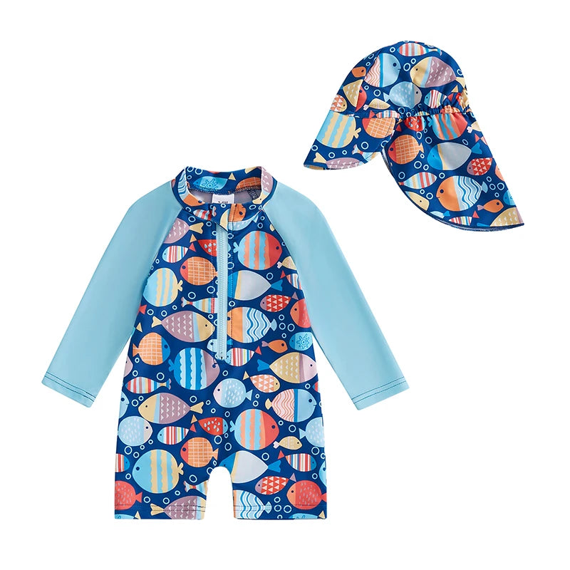 Toddler Boy UV Protection Swimsuit Set with Fish Print Long Sleeve Rash Guard Half Zipper and Sunhat for Sun Safety