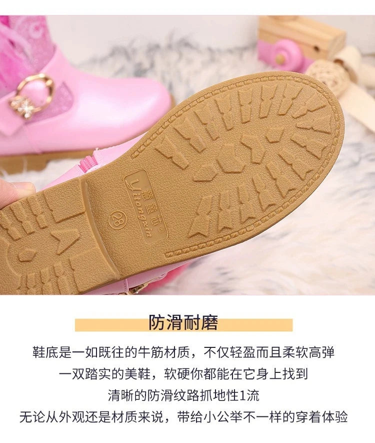 Disney Girls' Leather Boots Winter Cartoon Frozen Boots Zipper High Plush Princess Elsa Boots Warm Children's Boots Size 25-36