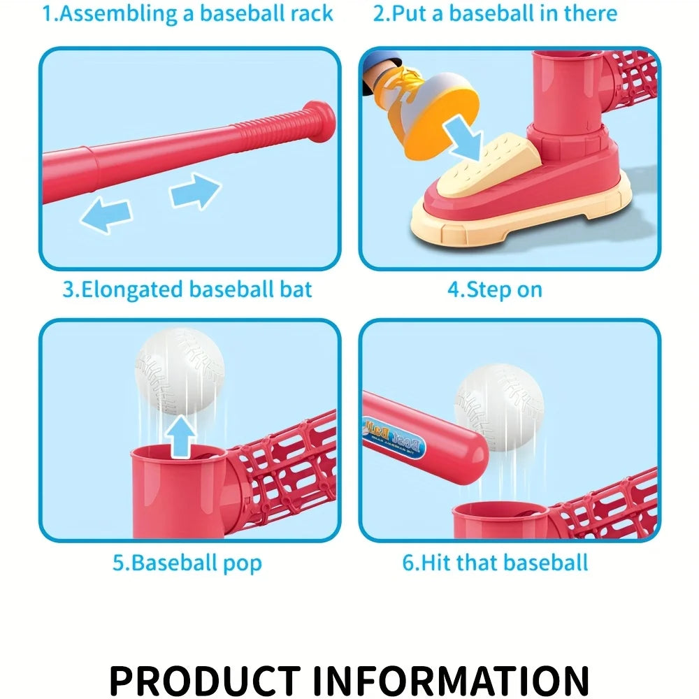 Baseball Tee T-Ball Set for Kids Toddler Baseball Set with Step-On Pitching Machine Pop Up Balls Outdoor Christmas Gift for Boys