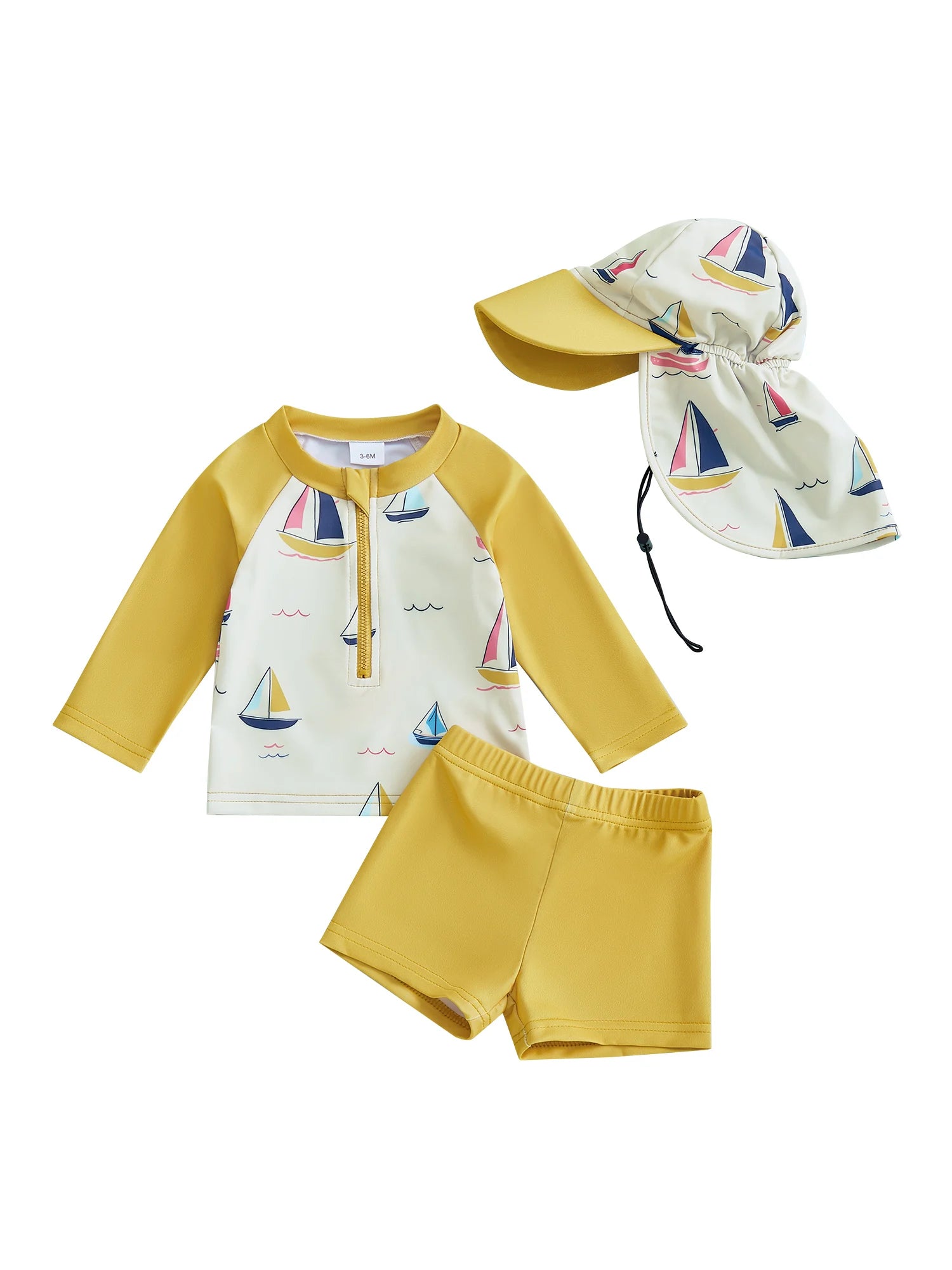 Boys Rash Guard Swimsuit Set with Shark Print Long Sleeve Zipper Tops Solid Shorts and Swim Hat 3 Pcs Outfits for Beach Fun