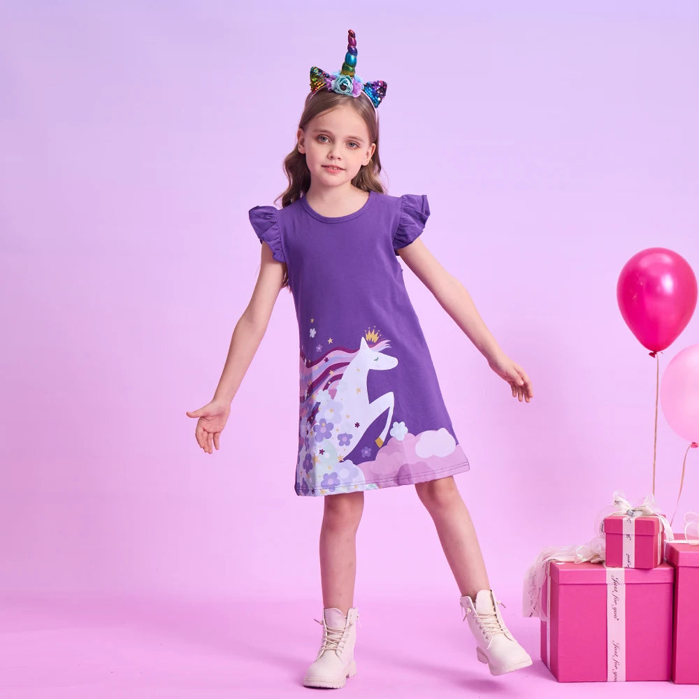 DXTON Cotton Children Dresses For Girls Floral Printed Princess Kids Dresses Unicorn Cartoon Toddlers Casual Summer Clothing