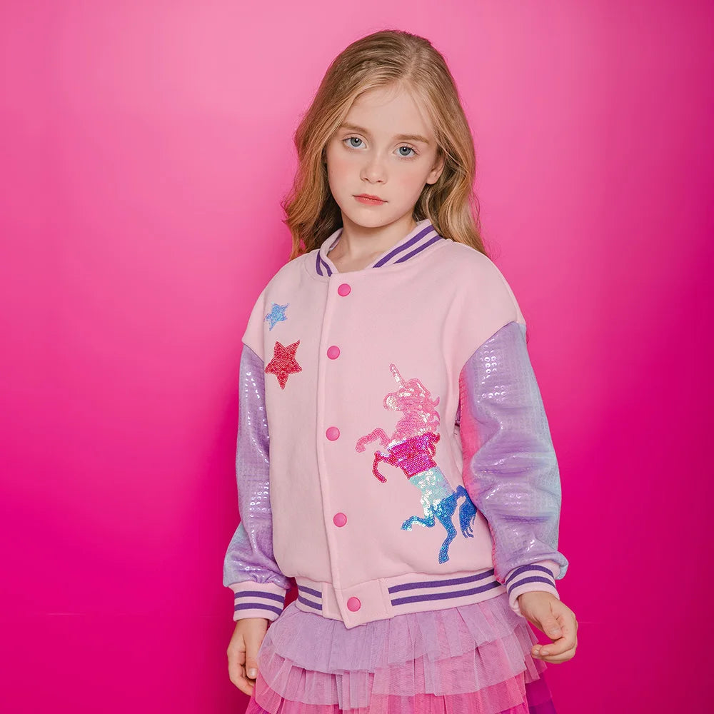 VIKITA Girls Baseball Jacket Teenagers Sports Casual Outerwear Autumn Winter Unicorn Star Sequins Appliqued Thick Warm Jackets