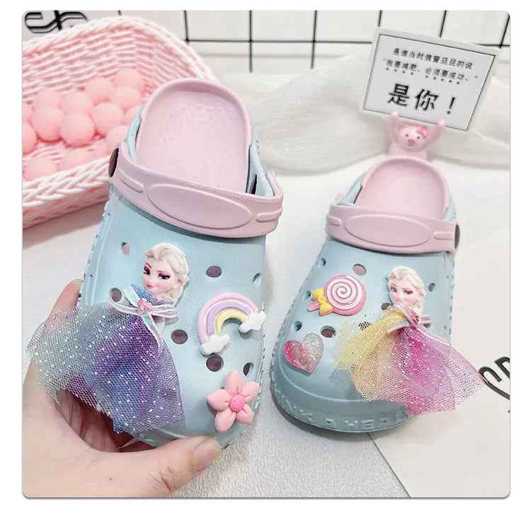 Disney Girls' Slippers Summer Princess Elsa Children's Girls Hole Shoes Summer Frozen Slippers Blue Pink Shoes Size 24-40