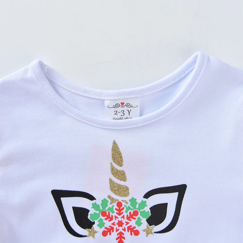 VIKITA Girls Christmas Unicorn Dress Kids Long Sleeve Snowflake Print Tutu Dress with Red Green Tiered Tulle Skirt for Xmas