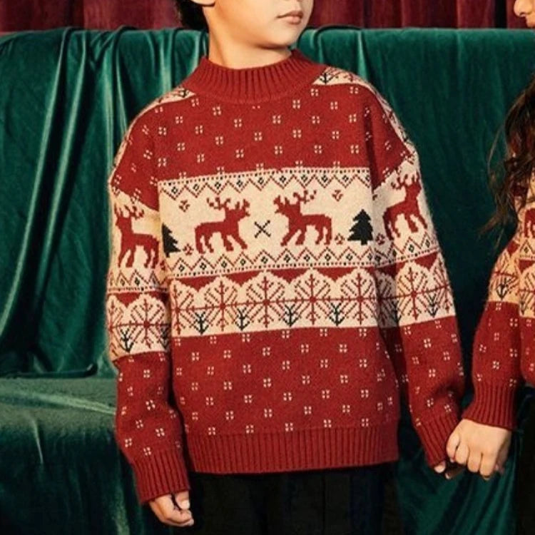 Kids' Christmas Thickened Fleece-Lined Pullover Sweater - Korean Style Warm Baby Boy & Girl Red Holiday Knitwear for Toddler