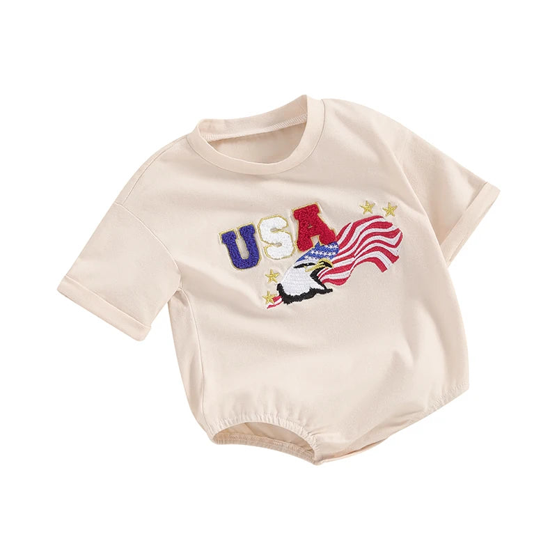 Independence Day Baby Romper with American Flag Print Round Neck Short Sleeve Bodysuit Toddler Patriotic Outfit for 4th of July