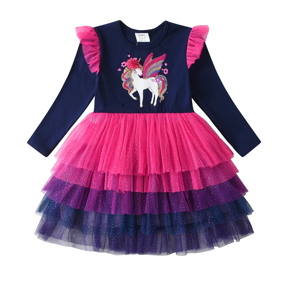 VIKITA Girls Gradient Autumn Dress Kids Licorne Sequined Appliqued Performance Mesh Tulle Prom Gown Girls Princess Cake Dresses