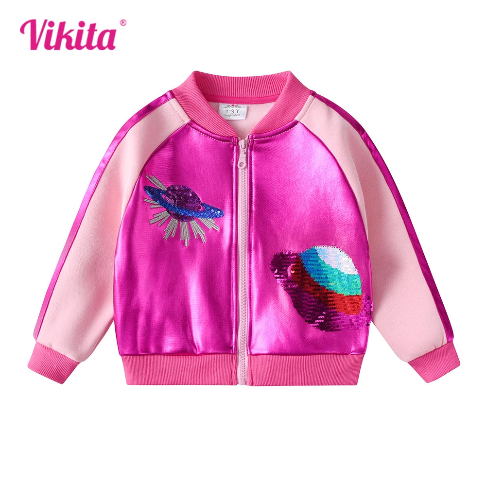 VIKITA Girls Zipper Jacket Children Cosmos Sequined Jacket Toddlers Fashion Sports Casual Costumes Infant Kids Pink Sportswear