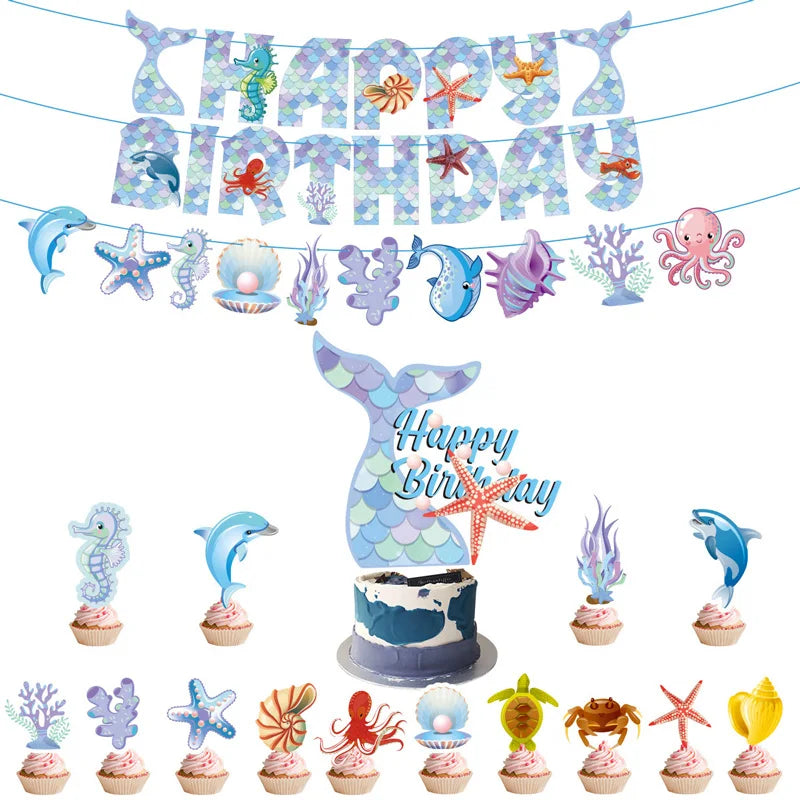 Mermaid Happy Birthday Party Decoration Banner Bunting Hanging Paper Swirls Kit for Kids Girls Under the Sea Theme Accessories