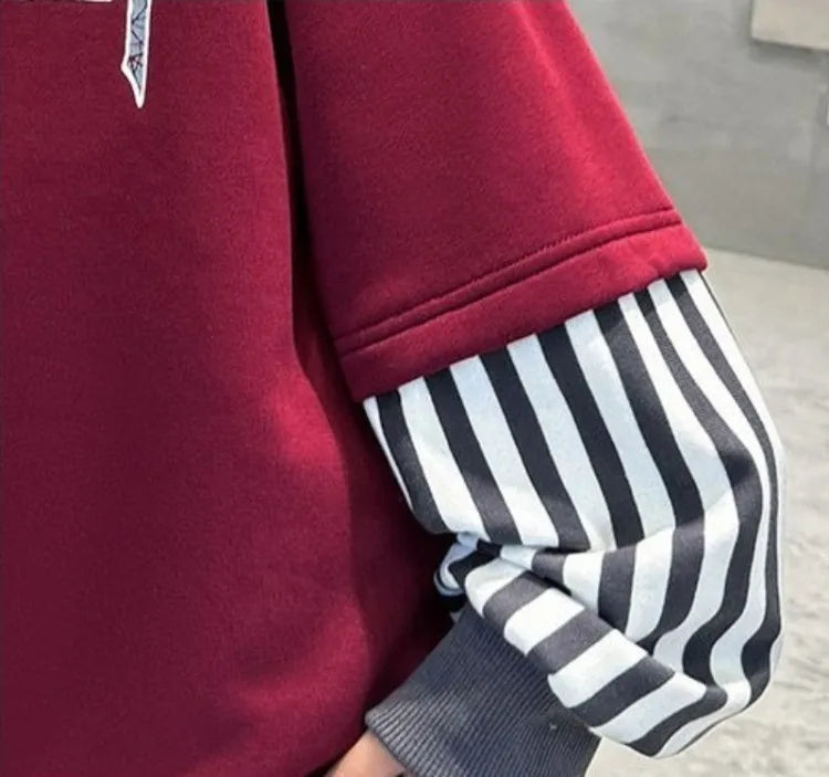 Boys' Medium-Large 2025 New Arrival No Hood Long Sleeve Fake Two-Piece Loose Fit Stylish Sweatshirt for Spring