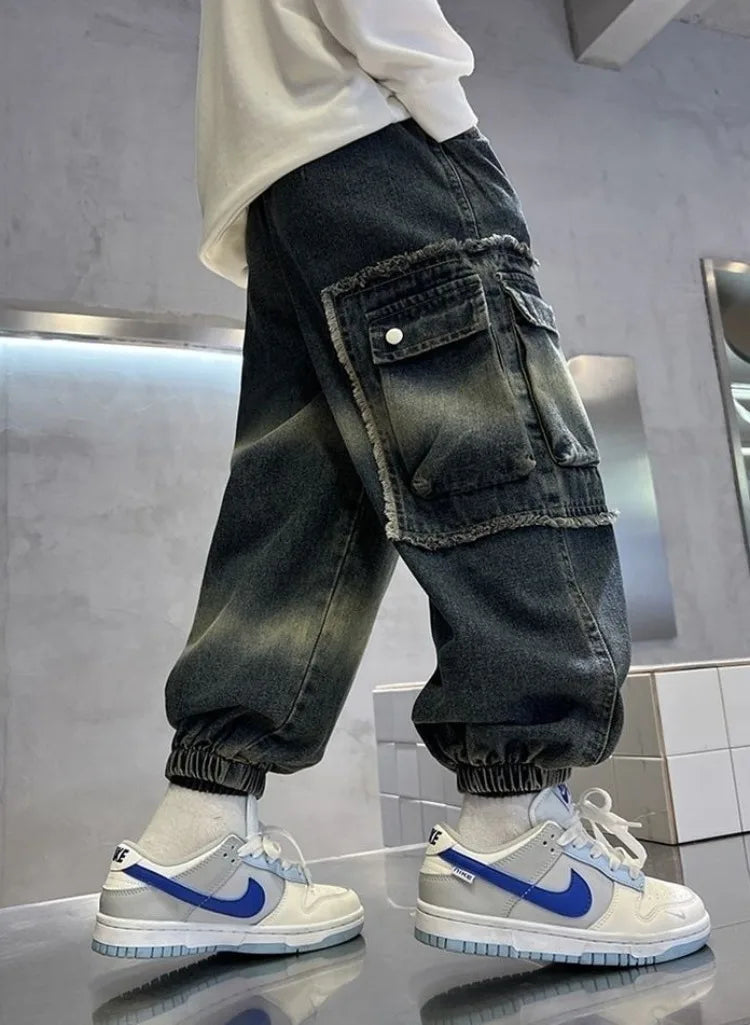 2025 Boys' Cargo Pants All-Season Washed Tie-Dye Denim Long Pants Trendy Casual Style