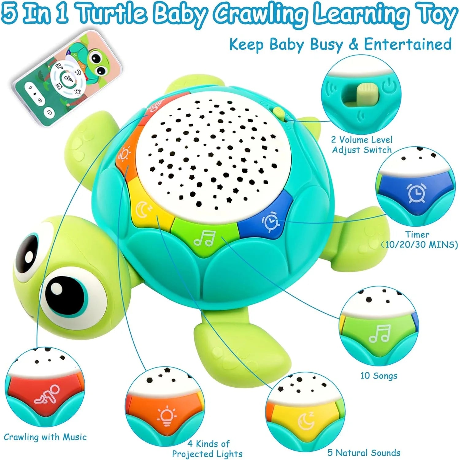 Baby Toys 5 in 1 Musical Projector Turtle Crawling Toys Tummy Time Infant Educational Toys for Boy Girl Birthday Christmas Gift