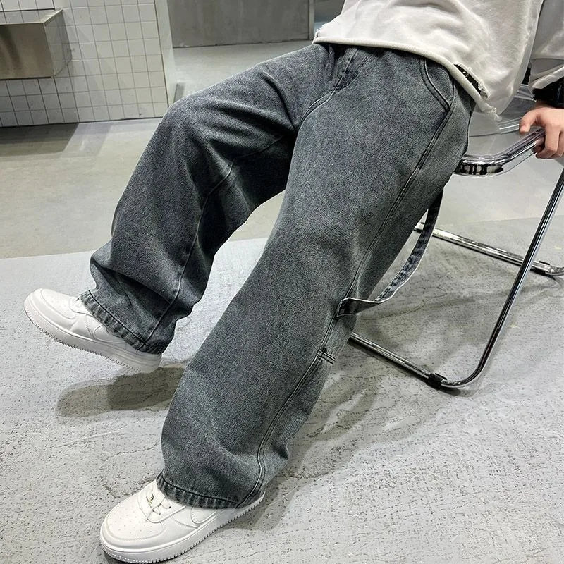 2025 Spring Boys' Wide-Leg Jeans Loose-Fit Trendy Streetwear for Kids Ages 8-14