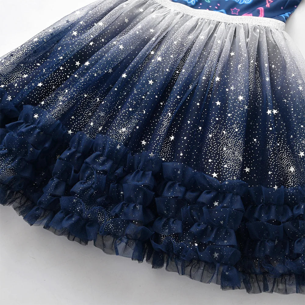 Toddlers Sleeveless Polyester Dress Kids Stars Flamingo Pineapple Print Dress Kids Starry Gradient Tulle Mesh Elegant Dress