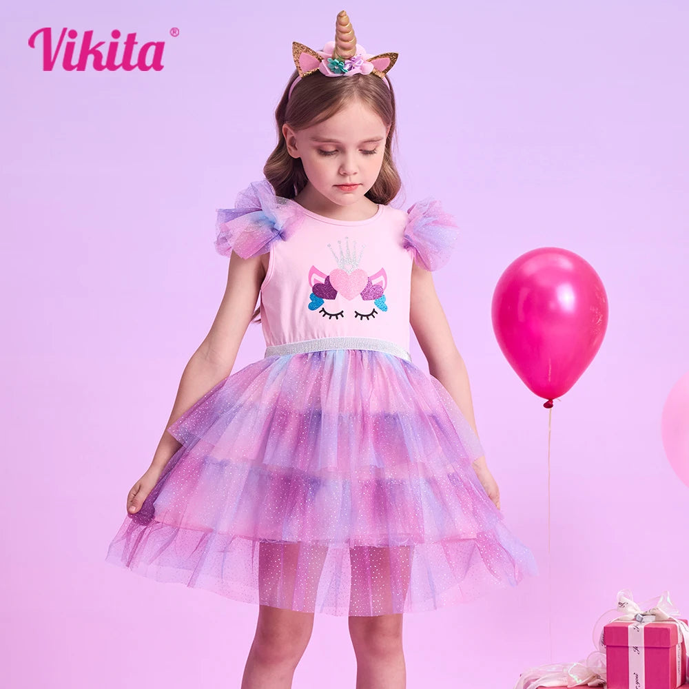 VIKITA Girls Unicorn Print Cartoon Dress Kids Summer Flare Sleeve Dresses Girls Layered Mesh Tulle Tutu Party Dress Kids Clothes
