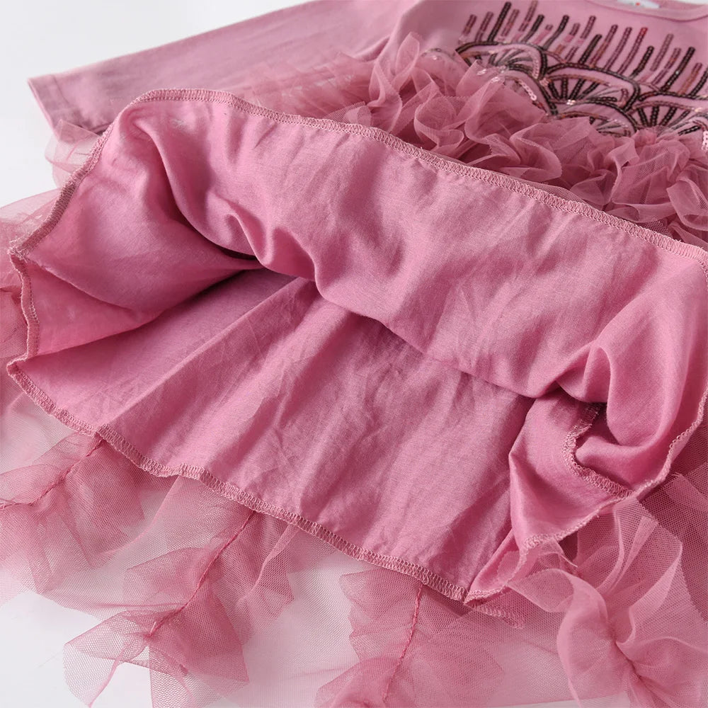 Girls Pink Ruffled Tulle Layered Mesh Cake Tutu Dress Kids Sequins Appliqued Glittery Shiny Performance Party Princess Dresses