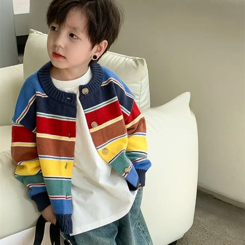 Boys' Forest Style Cardigan Sweater 2025 Spring Autumn New Design, Colorful Stripes Knit Versatile Jacket for Kids Stylish