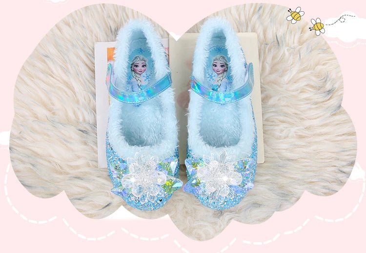 Disney Girls' Plush Slippers Frozen Cute Children's Princess Elsa Winter Cotton Slippers Baby Snow Home Pink Blue Shoes Size 23