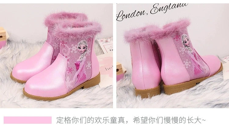 Disney Girls' Boots Winter Fashion Frozen Elsa Princess Children's Short Girls' Cotton Fur Ankle Boots Girls' Pink Shoes Size 25