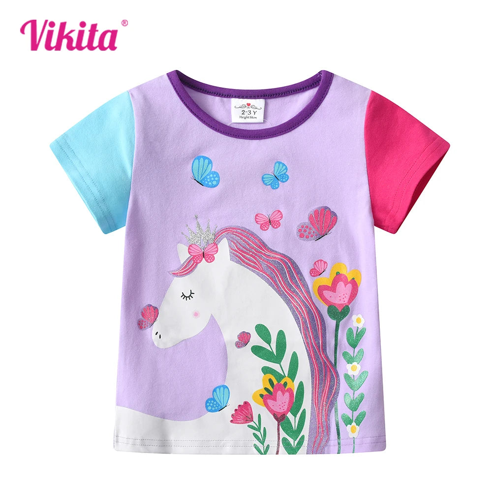 VIKITA Girls O Neck Short Sleeve Summer T Shirt Kids Unicorn Flower Cartoon Print T Shirts Girls Daily Cotton Casual Tops Wear