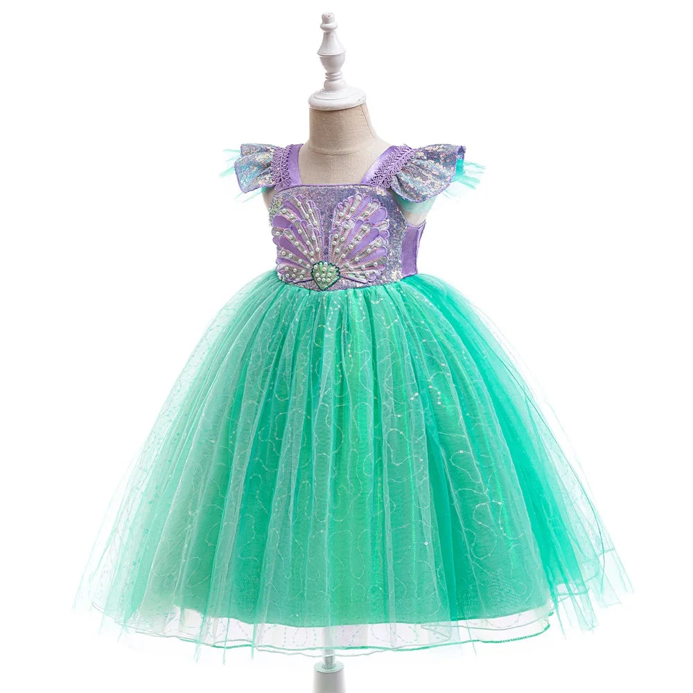 Little Mermaid Sets Cosplay Party Dress For Girl Kids Ariel Princess Gown Girls Beading Sequin Shining Dresses Children Costumes