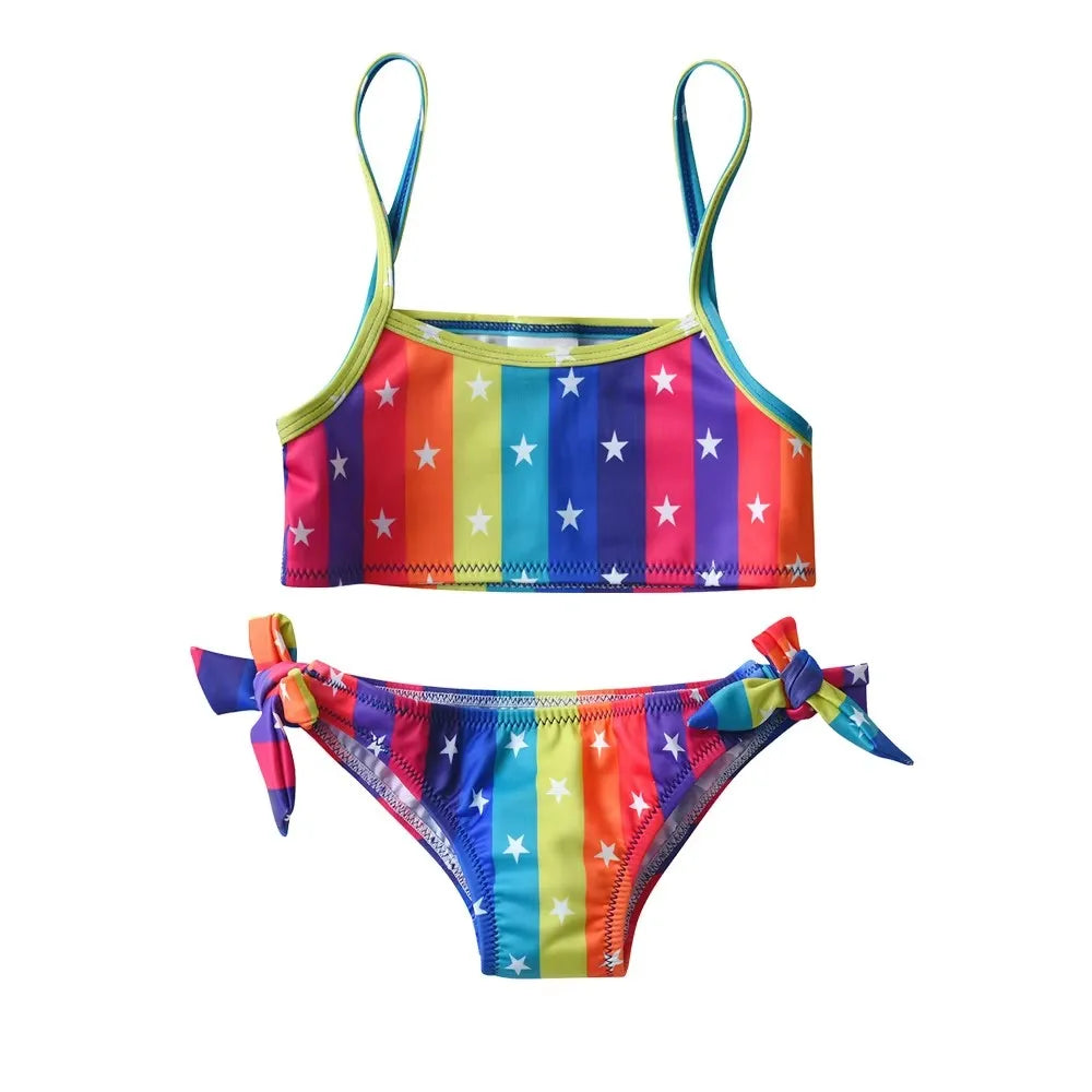 VIKITA Kinder-Badeanzug-Sets für Mädchen, Regenbogenfarben, Streifen, Sternenmuster, Strandmode, Reisemode, süßer Bikini, 2-teilig, 4-10 Jahre