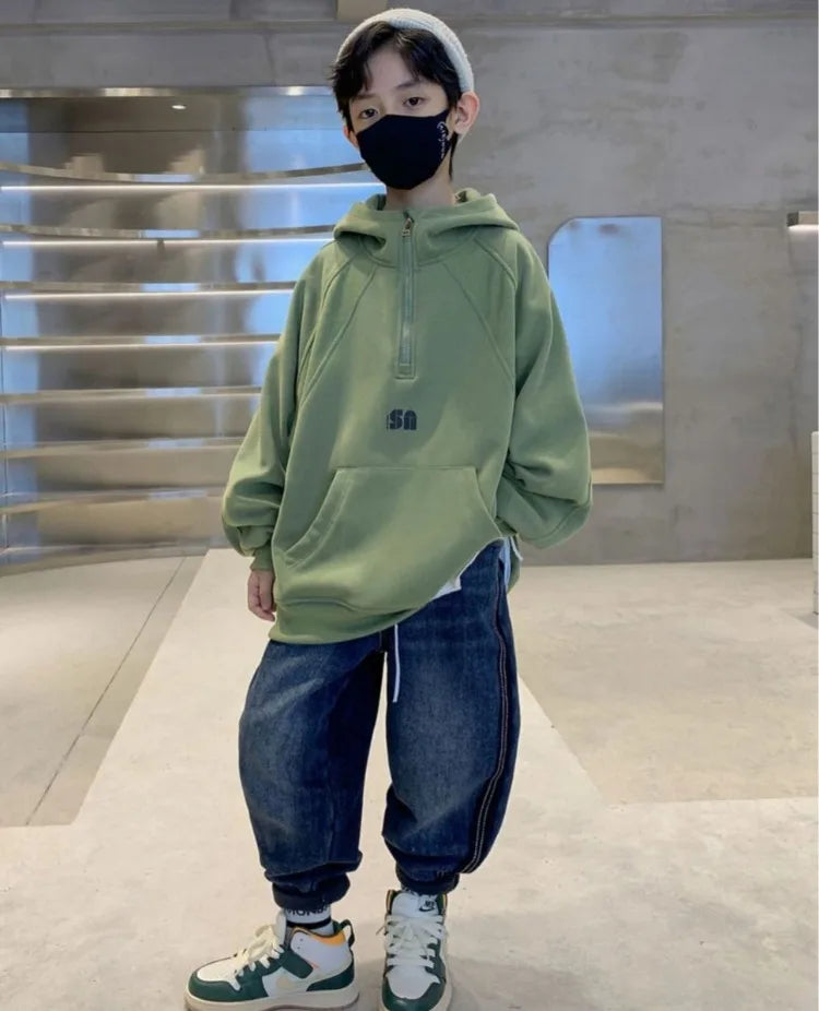 2025 New Boys' Mid-Large Spring-Autumn & Autumn-Winter Fleece-Lined Thickened Hooded Hoodie - Trendy Streetwear Boys' Top