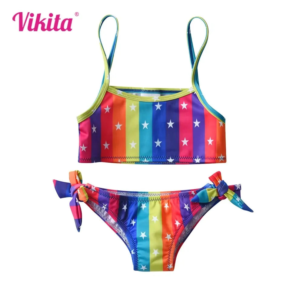 VIKITA Kinder-Badeanzug-Sets für Mädchen, Regenbogenfarben, Streifen, Sternenmuster, Strandmode, Reisemode, süßer Bikini, 2-teilig, 4-10 Jahre