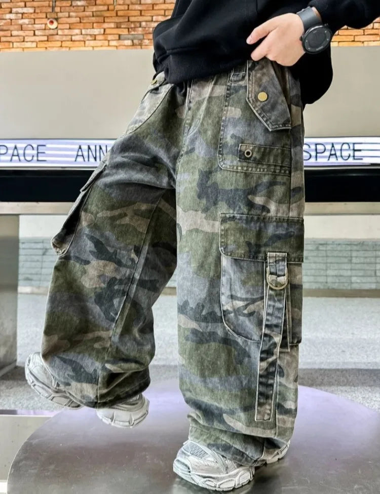 2025 New Boys Autumn Camouflage Tactical Pants - Kids Cargo Pants with Multiple Pockets, Trendy & Comfortable for 8-14 Years Old