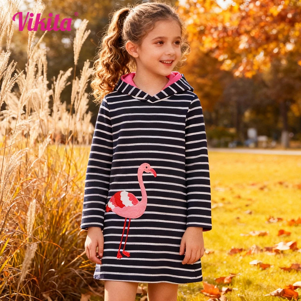 VIKITA Girls Autumn Hooded Dress Kids Flamingo Striped Straight Dresses Kids Sports Street Daily Casual Cotton Hoodies Vestidos