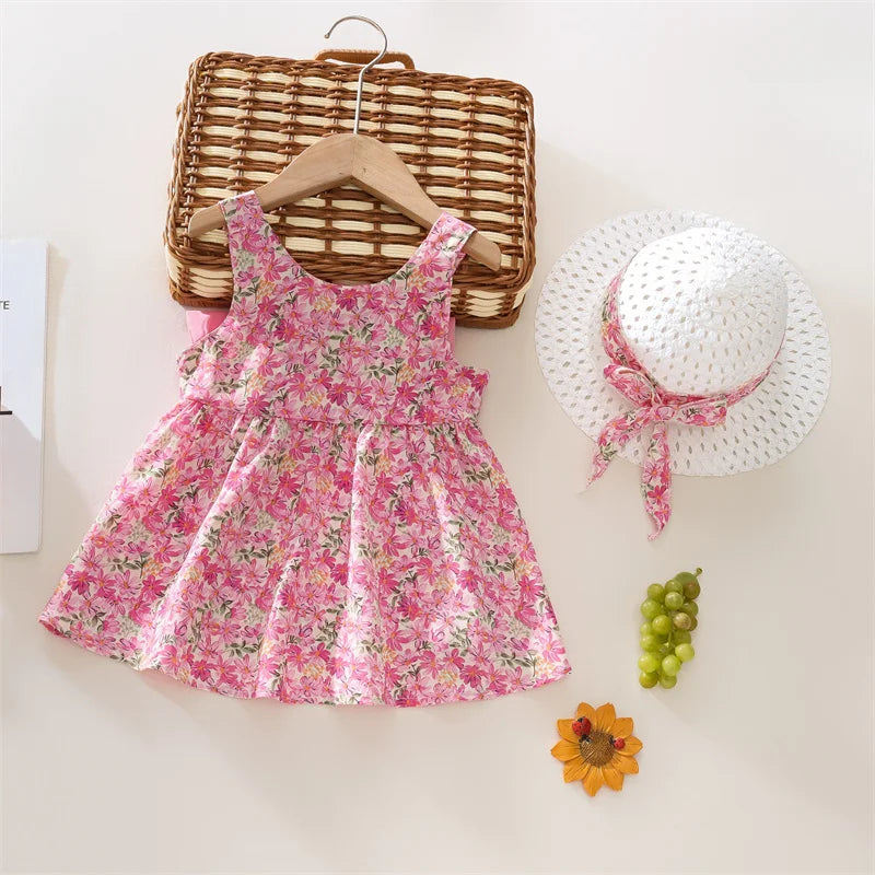 Summer New Floral Baby Girl Dress, Sweet Rose Red Bow Children'S Clothing With Free Hat For Babies Aged 9 Months To 3 Years