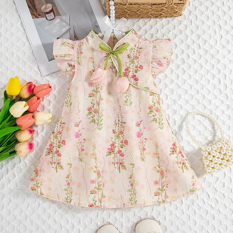 Summer New Chinese Retro Style Baby Girl Sleeveless Dress, Sweet Pink Tulip Children'S Clothing (9 Months -4 Years Old)