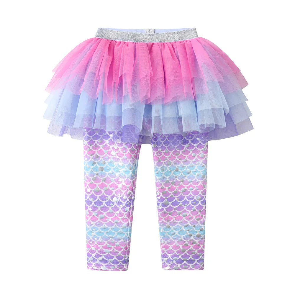 VIKITA Kids Trousers Girls Mermaid Print Leggings with Tutu Skirts Fake 2 Pcs Pants Girls Fashion Trousers Mesh Pants Skirts
