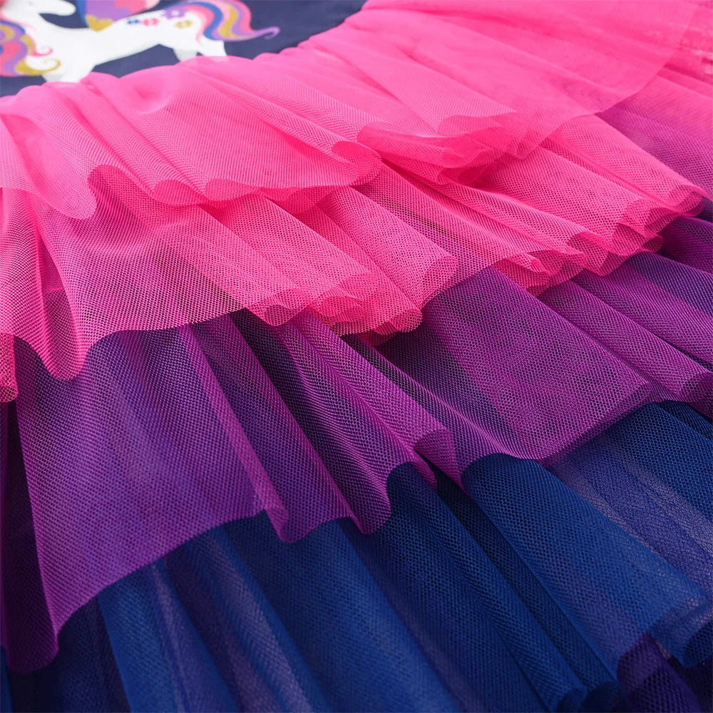 VIKITA Girls Unicorn Print Cartoon Dress Kids Flare Sleeve Prom Gown Girls Gradient Layered Mesh Tulle Tutu Princess Vestidos